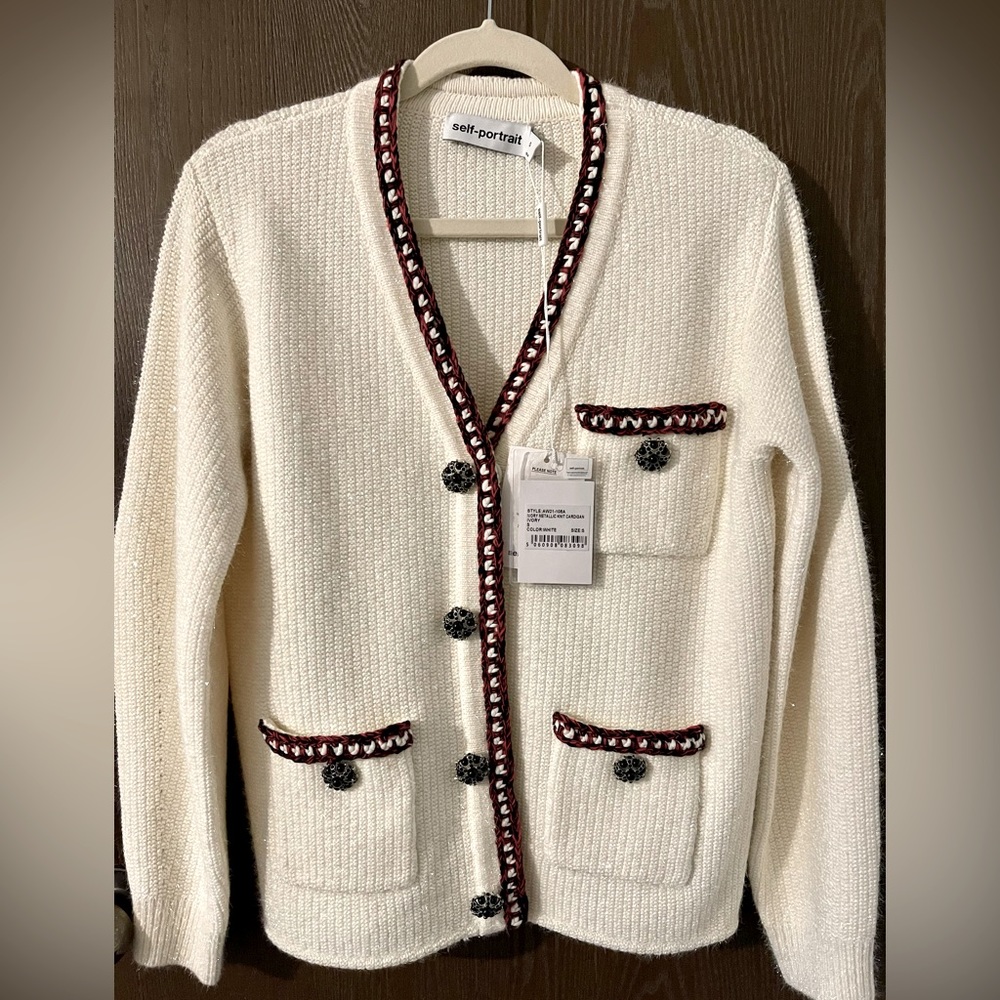 Self-Portrait Ivory Metallic Knit Cardigan, Size Small